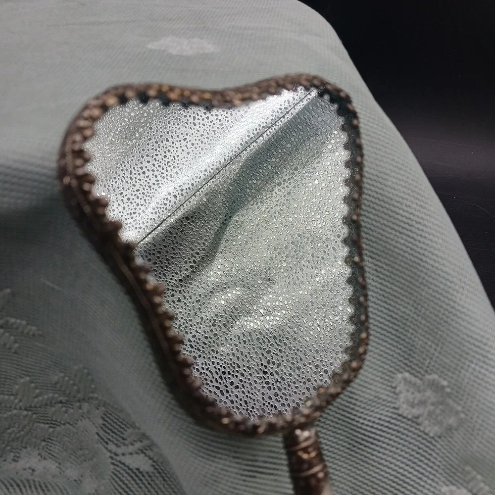 Chinese Handheld Jade Handle Mirror Antique 1920s Porcelain with metal repoussé
